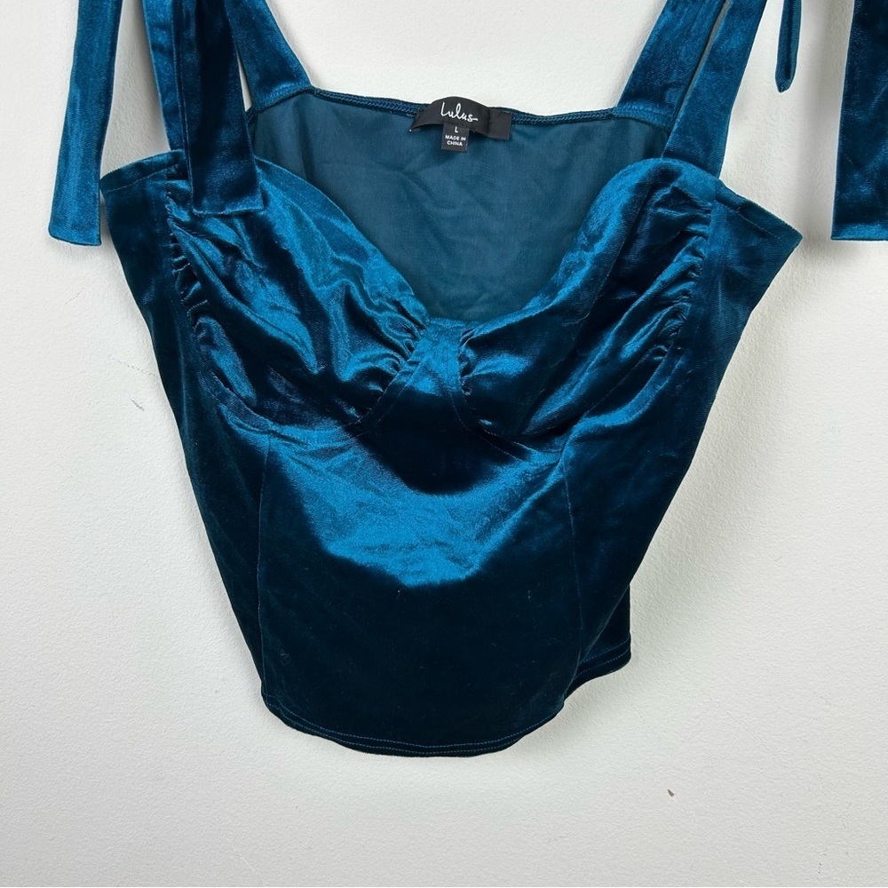 Lulus Glam Teal Blue Velvet Tie-strap cropped tank top size: L - Picture 3 of 12